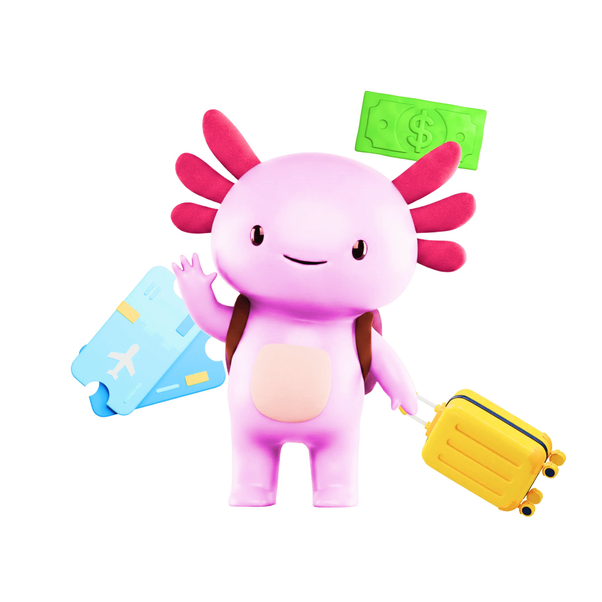 Axel character with travel items and money